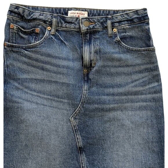 Lucky Brand Womens Denim Midi Skirt 8/29 Blue Front Back Slit Casual Whiskering - Picture 2 of 9